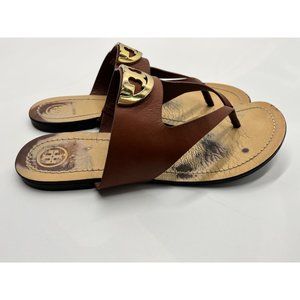 Tory Burch Brown Leather Sidney Logo Thong Flats Size 39
